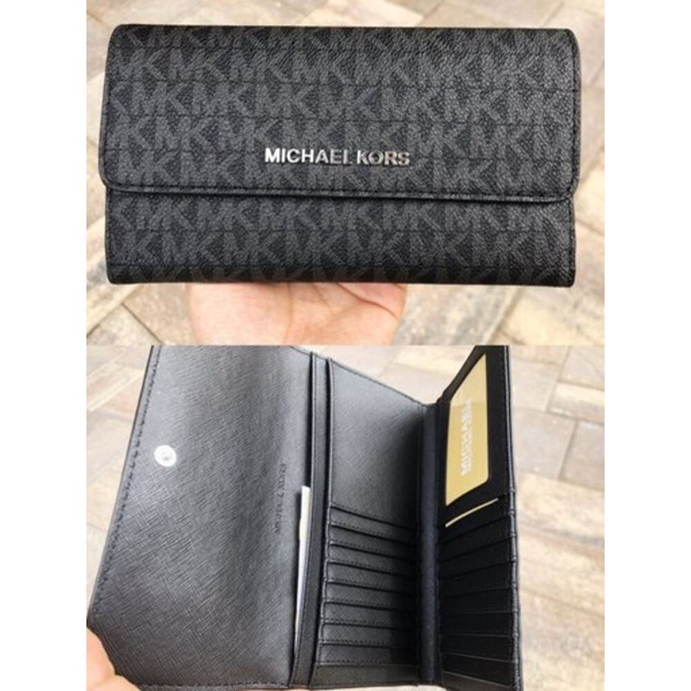 NWT Michael Kors Womens L Trifold Wallet Clutch W 17 Card Slots Pocket,Black-OS